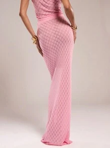SHEIN BAE Women's Solid Color Elastic Waist Hollow Long Knit Skirt