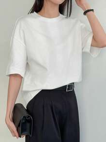 DAZY 女士纯色圆领短袖休闲T恤，秋季新款宽松款式 - 白色 - 查看 6