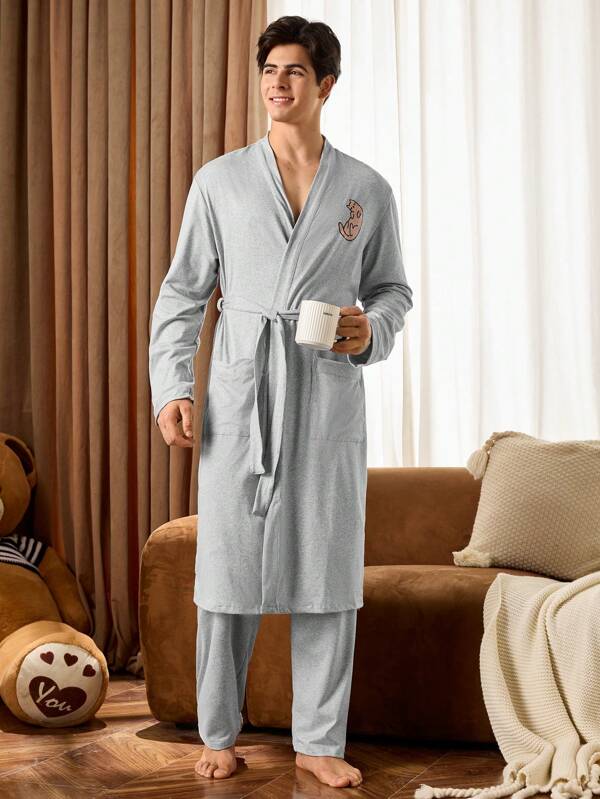 Happy Jammies 2pcs Men's Cartoon Cat Print Long Sleeve Robe And Pants Pajama Set