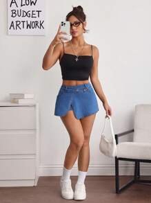 SHEIN EZwear 女士休闲简约时尚牛仔短裤，日常穿着 - 藍色 - 查看 1