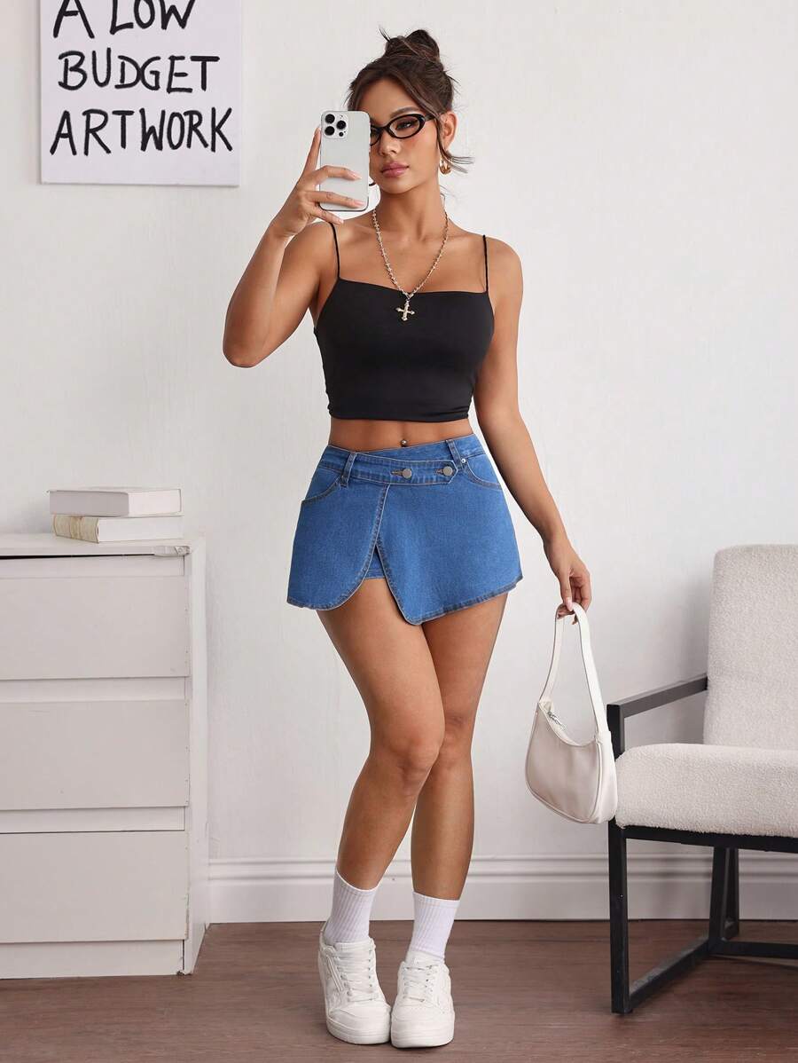 SHEIN EZwear 女士休闲简约时尚牛仔短裤，日常穿着 - 藍色 - 查看 1
