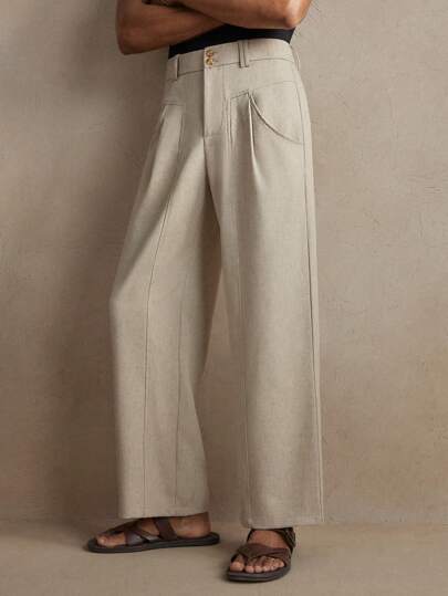 AKNOTIC Business Casual Men's Woven Slim Straight Casual Suit Pants, Suitable For Daily Wear, Graduation Gift, Linen