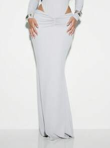 KIZN Elegante falda larga drapeada ajustada para fiesta de noche, boda, invitada,ocasión especial, hasta el suelo, elástica - Gris - Ver 1