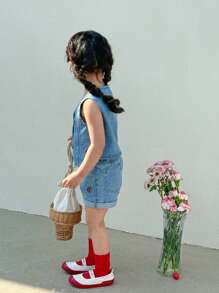 Young Girls Fashion Casual Cute Academy Cherry Embroidered 2 Pieces Denim Set - Elastic Waist Button Front Pants With Cuffs, Washed Denim Vest - Medium Wash - View 5