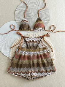 SHEIN Swim 3pcs Women Wavy Stripe Textured Sexy Halter Bikini Set, Summer Beach Vacation