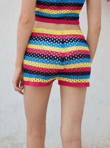 Skyraze 女士度假休闲撞色条纹镂空针织短裤 - 彩色 - 查看 2
