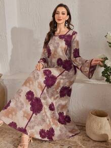 Al Najma Women's Elegant Floral Allover Print Flare Sleeve Arabian Style Dress, Arabian Dresses,Modest - Multicolor - View 1