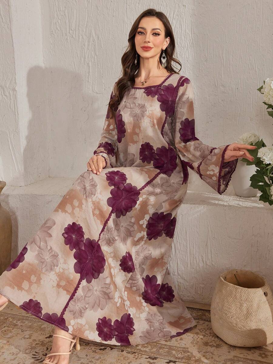 Al Najma Women's Elegant Floral Allover Print Flare Sleeve Arabian Style Dress, Arabian Dresses,Modest - Multicolor - View 1