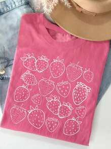 INAWLY Women's Strawberry Comfortable Cottagecore Shirt, Strawberry Shirt, Gift For Strawberry Enthusiasts, Gardener T-Shirt, Fruit T-Shirt, Plant Shirt, Round Neck Women's Printed T-Shirt - Hot Pink - View 1