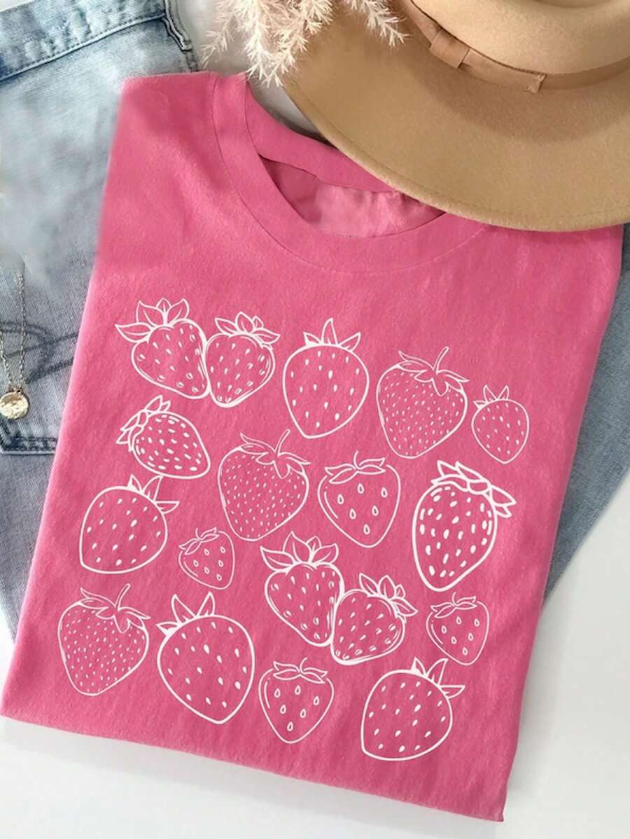 INAWLY Women's Strawberry Comfortable Cottagecore Shirt, Strawberry Shirt, Gift For Strawberry Enthusiasts, Gardener T-Shirt, Fruit T-Shirt, Plant Shirt, Round Neck Women's Printed T-Shirt - Hot Pink - View 1