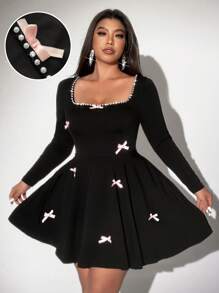 Viva Relle Plus Size Women Elegant Ruffle Trim Bow Decor Flare Sleeve Romantic Date Party Dress