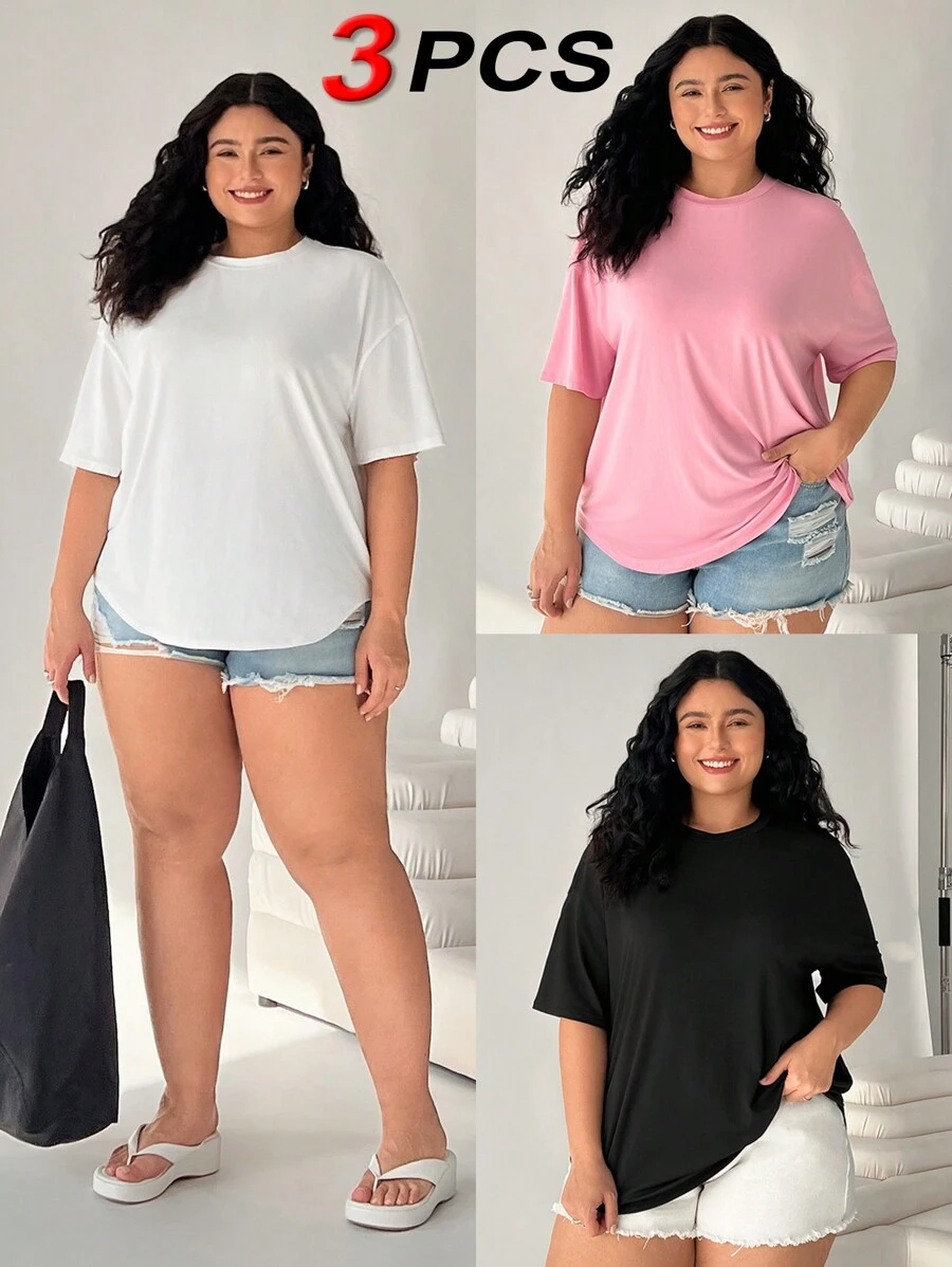 SHEIN EZwear 3pcs/Set Assorted Color Round Neck Short Sleeve Plus Size T-Shirts,Oversized Tops,Spring Summer Clothes - Multicolor - View 1