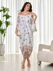 Modelyn Damen Kleid mit Schulterausschnitt, Mesh, Blume Muster und Rüschensaum für den Frühling