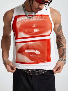 AXEPEAK Men's Lip Print Casual Round Neck Tank Top, Streetwear Edition - White - View 1