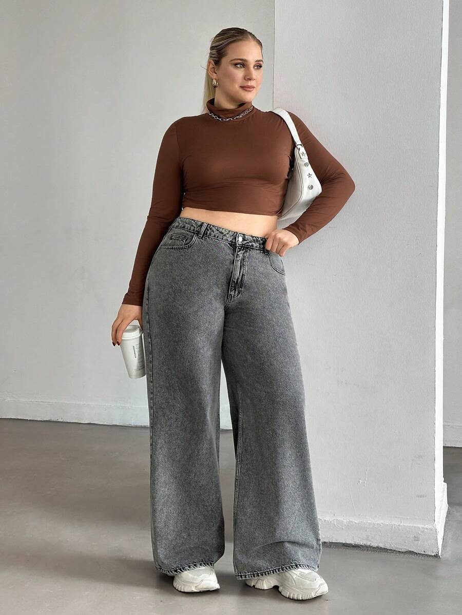 EURMUSE WOMEN PLUS SIZE HIGH WAIST RISE WIDELEG CUT Wide Leg Jeans - Grey - View 1