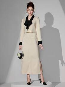 Modelyn 2 Pieces Set Women Elegant French Style Blazer Jacket And Straight Skirt, Premium Quality Unique Design Women Spring/Autumn Suit Fall Cloth For Women