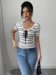 Chiquease 女士撞色条纹短袖针织上衣 - 白色 - 查看 5