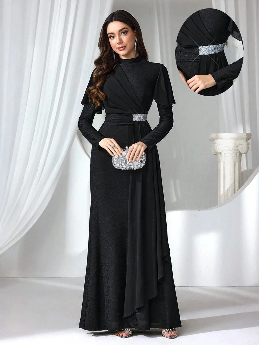 Coutiva Formal Evening Gown For Women, Fashionable High-Necked Spring And Summer Different-Material Splicing Waist Slimming Black Dress, Suitable For Parties, Wedding Guests, Opening Ceremonies, And Coming-Of-Age Ceremonies. The Waist Sequin Splicing Design Makes You Look Slimmer Visually. The Chiffon Fabric Splicing Design On The Upper Body Is Fashionable, Unique And Elegant, Party Dress
