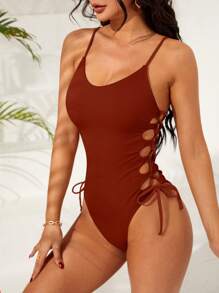 Swim Vcay 1 szt. Jednokolorowy kostium kąpielowy z odkrytymi plecami i ramiączkami spaghetti, na wakacje i letnią plażę - Rdzawy brązowy - Zobacz 4