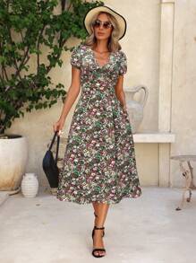 SHEIN Clasi Ditsy Floral Short Sleeve Summer Casual Dress, Simple & Fashionable For Everyday Wear - Pink - View 5