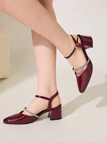 CUCCOO CHICEST Women's Chunky Heel Pointed Toe Strap High Heels - Burgundy - View 2