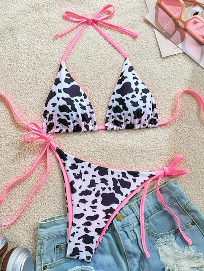 Soleia Set de 2 piezas Bikini de mujer con estampado de vaca y contraste magenta reversible con atar en el cuello, para verano y playa