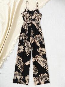 SHEIN Teen Girls Loose Fit Black & Beige Spaghetti Strap Palm Tree Print Jumpsuit, Comfy & Soft, Suitable For Spring/Summer, Valentine's Day, Vacation, Vintage, Beach, Sea