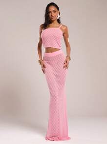 SHEIN BAE Women's Solid Color Elastic Waist Hollow Long Knit Skirt