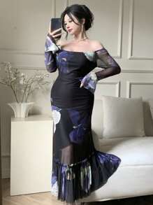 DAZY Wiosenna nowa sukienka letnia z kwiatowym nadrukiem i talią, Muse Off Shoulder Mesh Transparent Full Bloom Dress dla kobiet, falbana