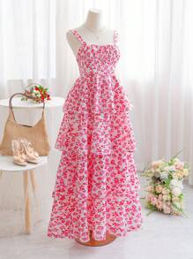 Soleia 女士度假黄玫瑰碎花细肩带多层中长连衣裙，休闲长裙，适合下午茶、婚礼季节 - 粉色 - 查看 6