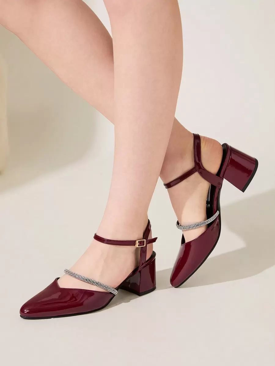 CUCCOO CHICEST Women's Chunky Heel Pointed Toe Strap High Heels - Burgundy - View 1