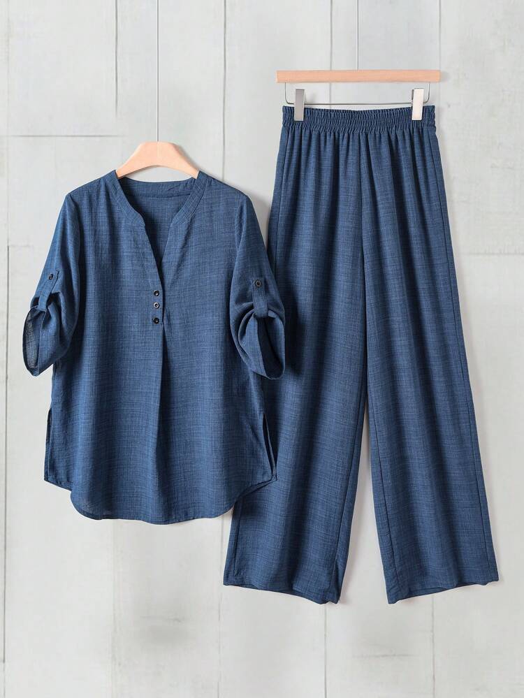 Casual Daily Wear Notched Neck Short Sleeve Top And Elastic Waist Long Pants Women's Summer Clothes European Summer Streetwear Women Country Outfits Women Country Concert Outfit Women Clothes Streetwear Women Streetwear Women  European Summer Women's Summer Clothes