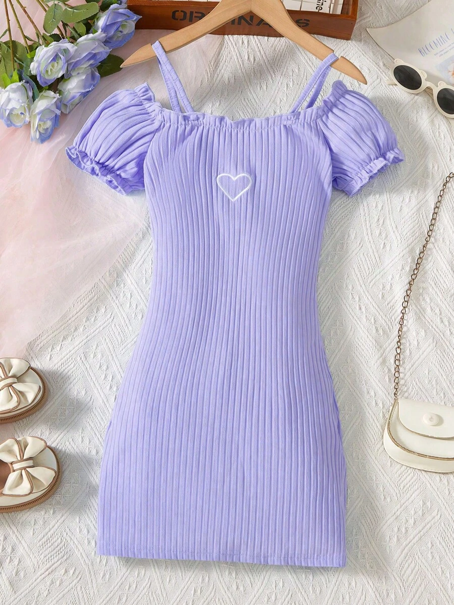 SHEIN Tween Girl Heart Embroidery Open Shoulder Camisole Dress - Lilac Purple - View 1