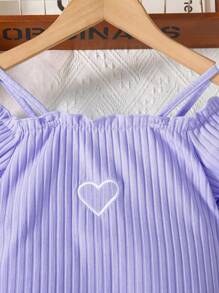 SHEIN Tween Girl Heart Embroidery Open Shoulder Camisole Dress - Lilac Purple - View 5