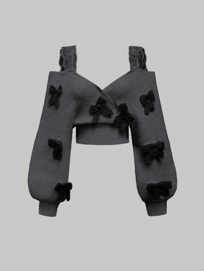 Französischer eleganter sexy Spaghettiträger Pullover mit tiefem V-Ausschnitt und Schleife