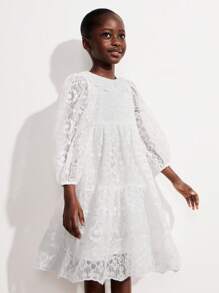 SHEIN Young Girls Sweet Ruffled Collar Puff Sleeve Mesh Embroidered Dresses - White - View 1