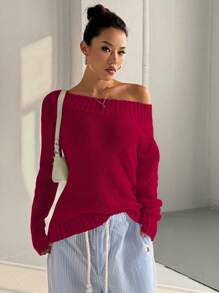SHEIN Unity Suéter de manga larga de un solo color con cuello asimétrico y hombros asimétricos, de doble uso, para otoño/invierno, tejido de punto - Rojo - Ver 3