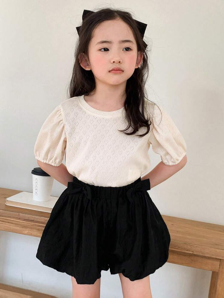 2pcs/Set Young Girls Solid Color Round Neck Puff Sleeve Top And Mini Skirt,Girls Summer Outfits