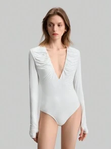 Ontre 2025 New Women's White V-Neck Ruched Waist Long Sleeve Bodysuit, Fashionable & Elegant, Suitable For Parties And Dates, Spring - White - View 3
