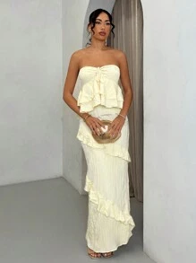 SHEIN BAE Váy suông dài bó sát có họa tiết nhún bèo nhún mùa xuân/hè, váy đi nghỉ, váy hẹn hò ngày lễ tình nhân, váy ngắn phù dâu, váy vàng - Màu vàng - Xem 3