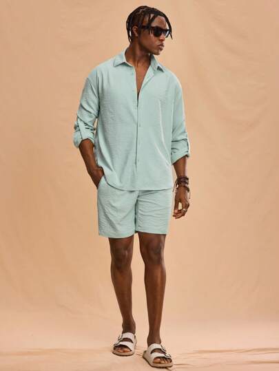 Forever 21 Men Solid Drop Shoulder Linen Shirt & Shorts Back To School
