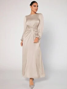 Modelyn Ladies' Round Neck Lantern Sleeve Arabian Abaya Dress,Elegant Evening Party Maxi Dress - Apricot - View 4