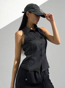 StreetHx 女士休闲纯色条纹腰无袖衬衫 - 黑色 - 查看 5