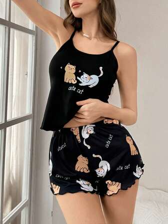 可爱猫咪印花荷叶边吊带短裤睡衣套装