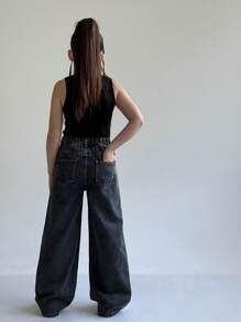 Tween Girls Y2K 街头风格复古洗水做旧宽松阔腿加长牛仔裤，面料柔软舒适，2025 年必备单品，适合日常穿着，四季皆宜