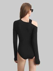 Ontre 女士黑色 90 年代风格优雅扭领不对称长袖弹力紧身衣 - 黑色 - 查看 8