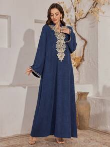 Al Najma 立领刺绣花卉优雅连衣裙，阿拉伯连衣裙，端庄 - 寶藍色 - 查看 5