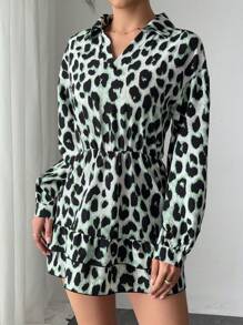 Elenzga Women Polo Collar Casual Leopard Print Ruffle Hem Long Sleeve Dress