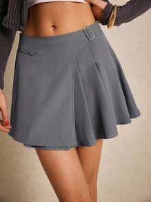 Poéselle Damen einfarbiger Lässig Rock mit verstellbarem Taillengürtel, klassisches gefaltetes Design Mini-Rock, stilvoller grauer A-Linien Rock, die perfekte Wahl für Frühling und Sommer