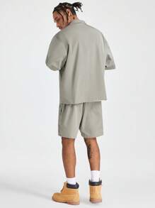 AXEPEAK Men's Letter Graphic Loose Woven Short Sleeve Baggy Shirt & Shorts Set, Streetwear Casual - Grey - View 3